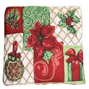 Vintage 90s Poinsettia Christmas Holiday Tapestry Pillow Square Mistletoe Retro